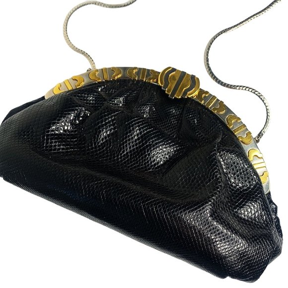Finesse La Model Handbags - Finesse La Model Vintage Snakeskin Black Egyptian Metal Clutch Crossbody Bag